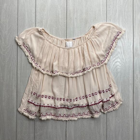Piper by Townsen Off Shoulder Cream & Red Embroidered Boho Blouse Size Large - Picture 1 of 6